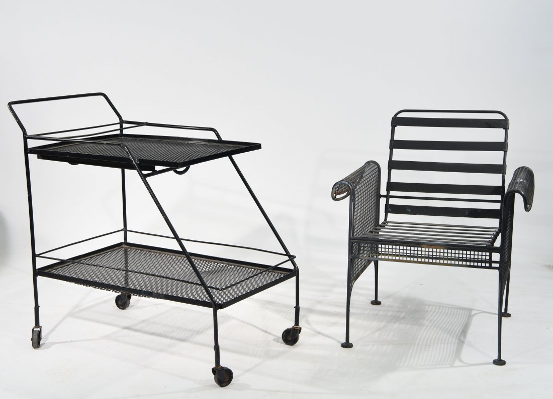 MID-CENTURY SALTERINI BAR CART & CHAIR: Dimensions: H 34.5 x W 19.5" D 36.5" (Cart), H 32" x W 27" x D 28" (Chair) Condition: Some paint loss and small rust spots. Small dent in arm of one chair.