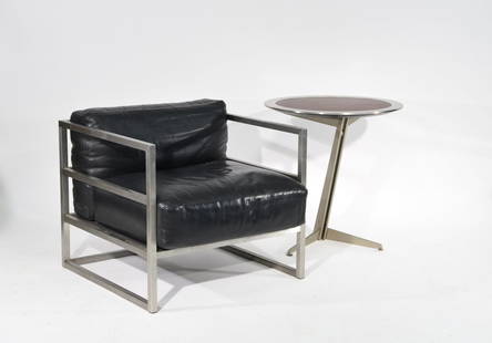 SANTIAGO CALATRAVA STYLE LOUNGE CHAIR & SIDE TABLE: Brushed steel, laminate & leather, unsigned Dimensions: H 27" x W 28" x D 28" (chair) Condition: Good. Nice leather, some small scuffs on top of table.