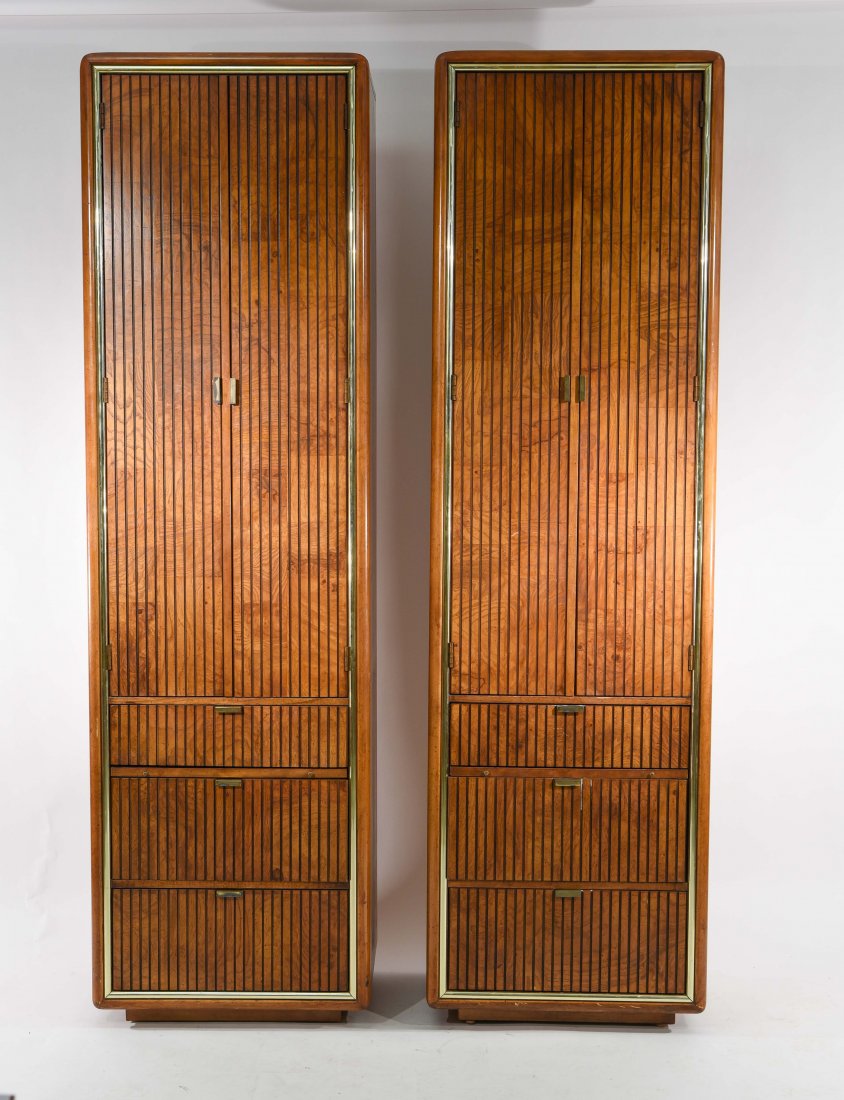 MID CENTURY PAIR OF BURL & BRASS STANDING CHESTS (1 of 10)