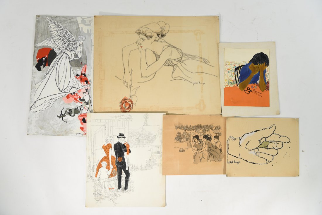 PHILIP HAYS (AMERICAN 1931-2005): A group of six adverting ads and illustrations., ca. 1950/60's Ink, watercolor on paper and board, signed Dimensions: Unframed various sizes Condition: good Note: "Phil" Hays (1931–2005) was an Amer