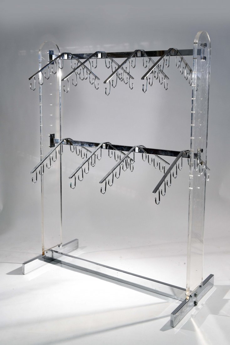 CHROME AND LUCITE RACK: We did not attempt to clean or remove residue. Dimensions: H 66" x W 48" x D 29.5" Condition: Scratches. Rust.