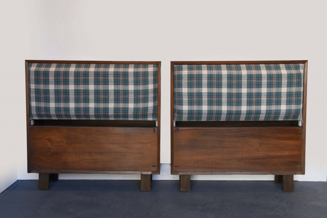 PAIR OF HERMAN MILLER UPHOLSTERED HEADBOARDS: With original Herman Miller labels to back, upholstered and veneered wood Dimensions: Condition: fair, trim and veneer losses, general wear to finish