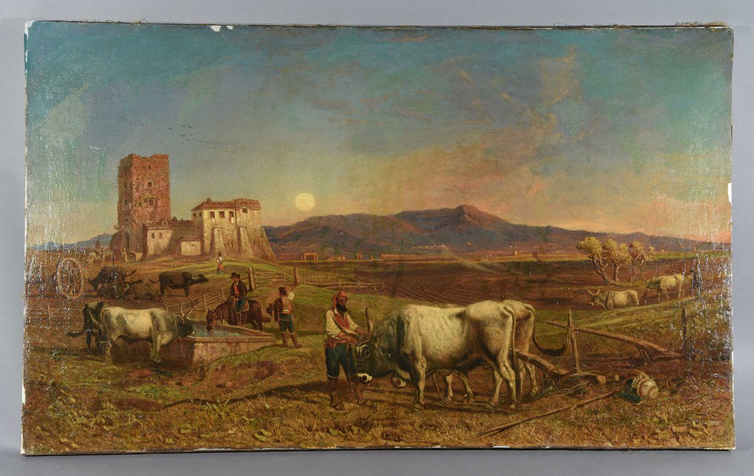 CHARLES CARYL COLEMAN (AMERICAN 1840 -1928): Untitled (depicting an Italian farm with people attending cattle in the Roman, Campagna area.),1871 Oil on canvas, signed lower left side C.C.Coleman, ROMA 1872 Dimensions: Canvas H 25.5" x W 42..5 Co