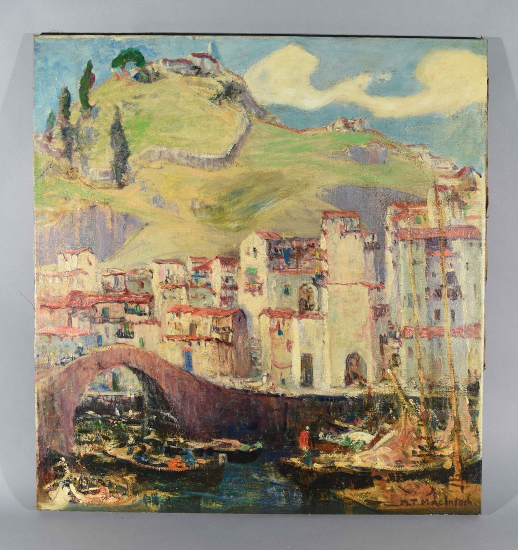 MARION T. MACINTOSH (AMERICAN 1871-1936): Untitled (mountain top village) Oil on canvas, signed lower right. Dimensions: Canvas H30" x W 32" Condition: good