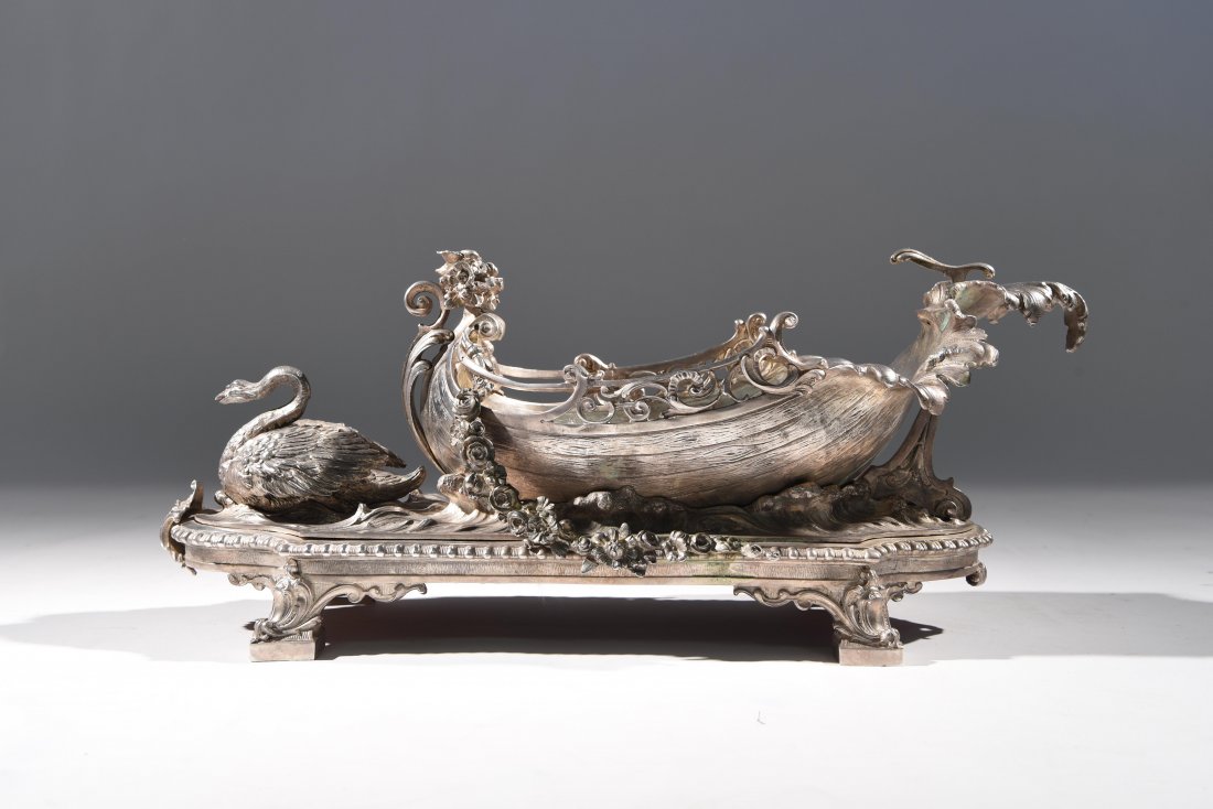SILVERED BRONZE SWAN,CHERUB & BOAT CENTERPIECE (1 of 10)