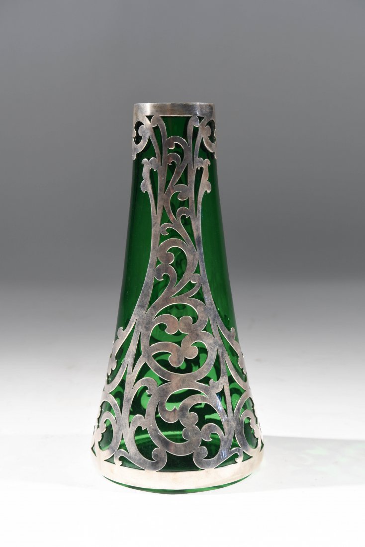 STERLING SILVER OVERLAY GREEN GLASS VASE (1 of 9)