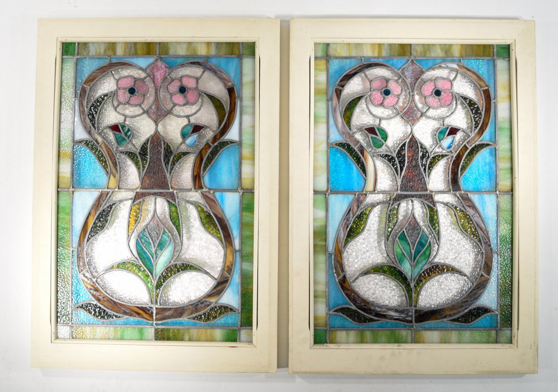PAIR OF LEADED STAINED GLASS WINDOW PANELS (1 of 7)