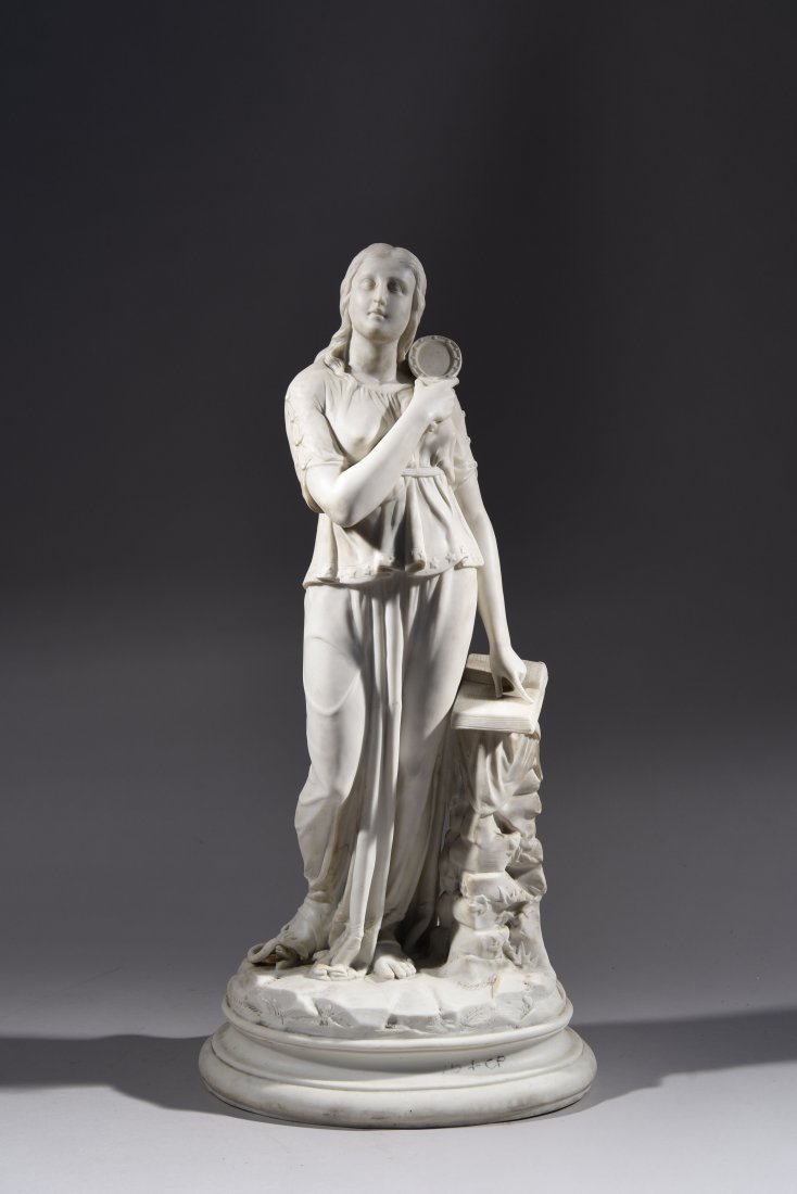 PARIAN FEMALE SCULPTURE: Female holding a mirror and pointing to a book "PSALMS". Dimensions: H25 1/4" x W12" x D8.5 " Condition: One fracture and snakes tail missing, surface dirt .