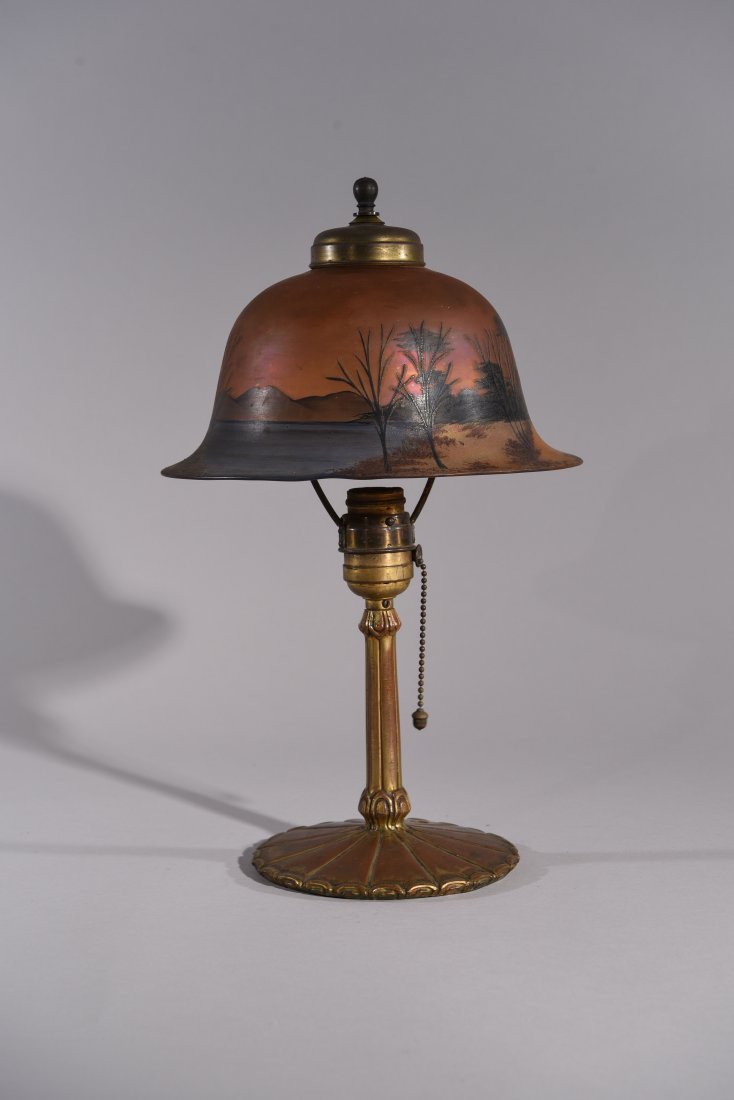 BRONZE LAMP WITH REVERSE PAINTED SHADE (1 of 9)