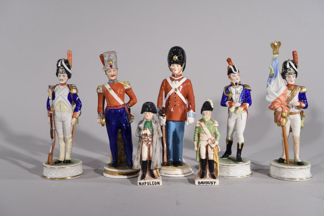 SEVEN PORCELAIN SOLDIER FIGURES: Some are marked on the bottom with the crown on top and N - Capodimonte and others Dimensions: various sizes. Tallest: H 8.5" Condition: good.