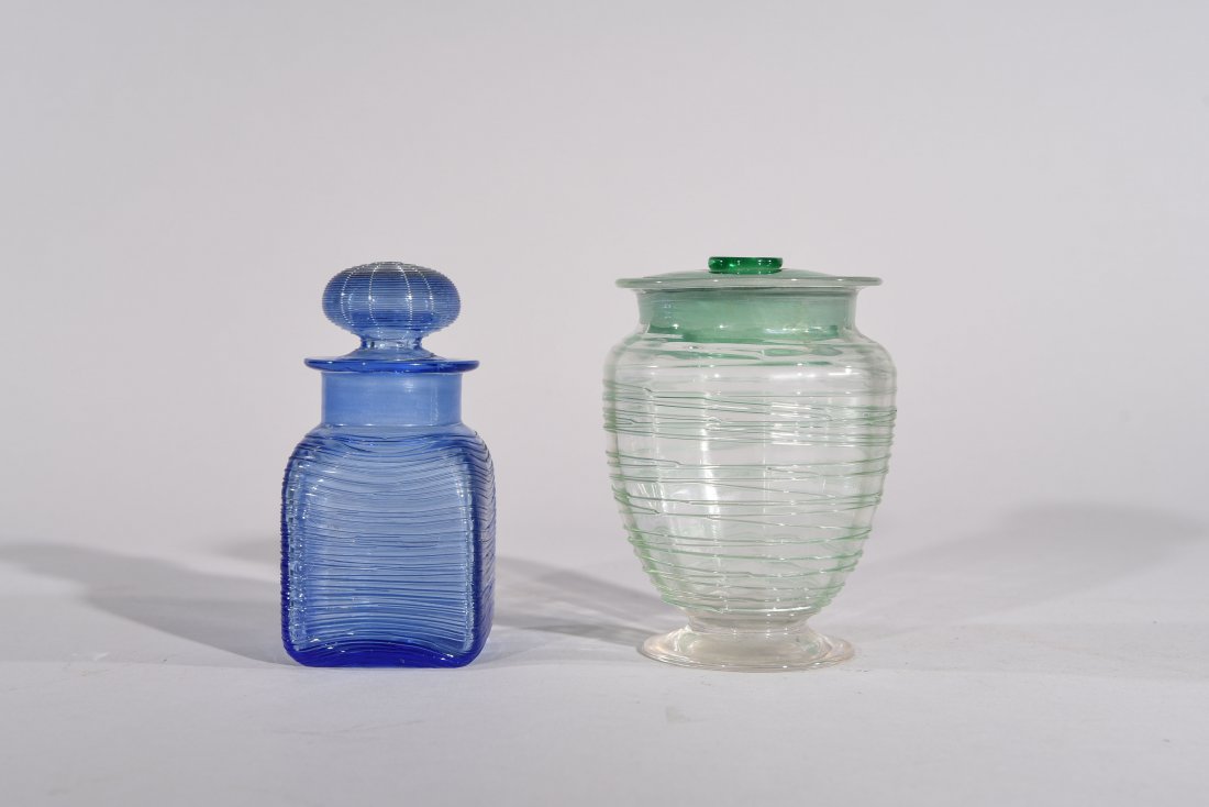 TWO STEUBEN THREADED GLASS JARS. (1 of 10)