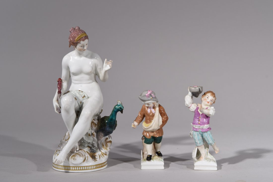 THREE KPM FIGURES: Marked and stamped KPM bottom base, largest marked Juno. Dimensions: H 8" x W 4" Condition: good, some to chips to the fingers and loss to boys book.