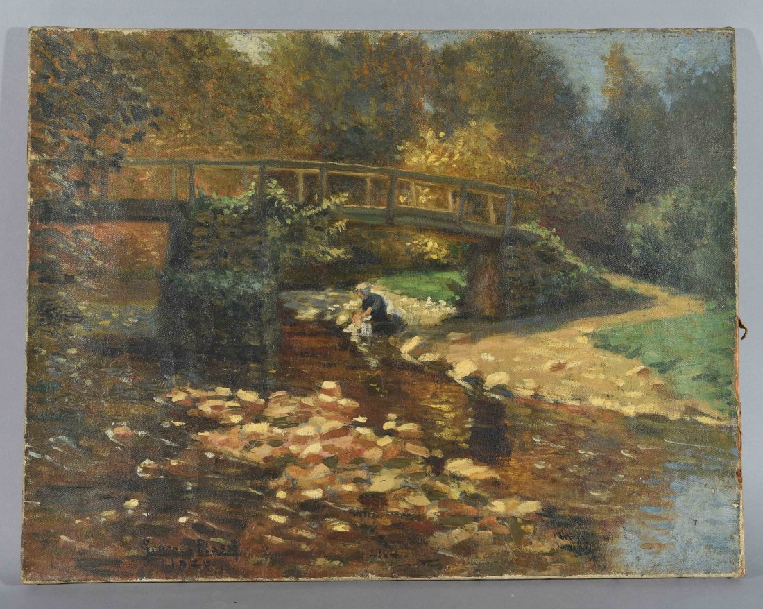 GEORGE PLASSE ( FRENCH 1878 -1948): Untitled (landscape with a bridge and stream running through.), 1920 Oil on canvas, signed and dated lower left side. Dimensions: H20" x W 26" Condition: good. Note: Exhibition label on the back of th