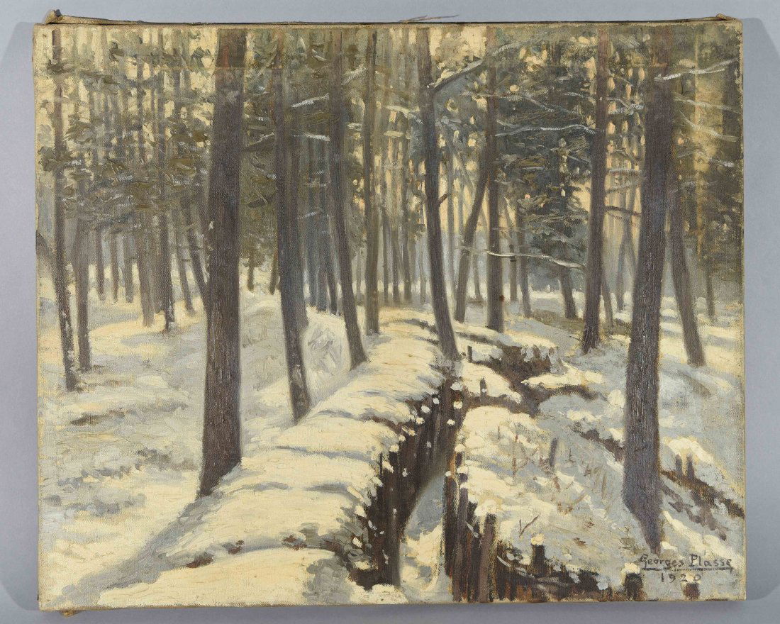 GEORGE PLASSE ( FRENCH 1878 -1948): Untitled ( Winter scene with war trenches.) Oil on canvas, signed lower right side. Dimensions: H x W Condition: good.