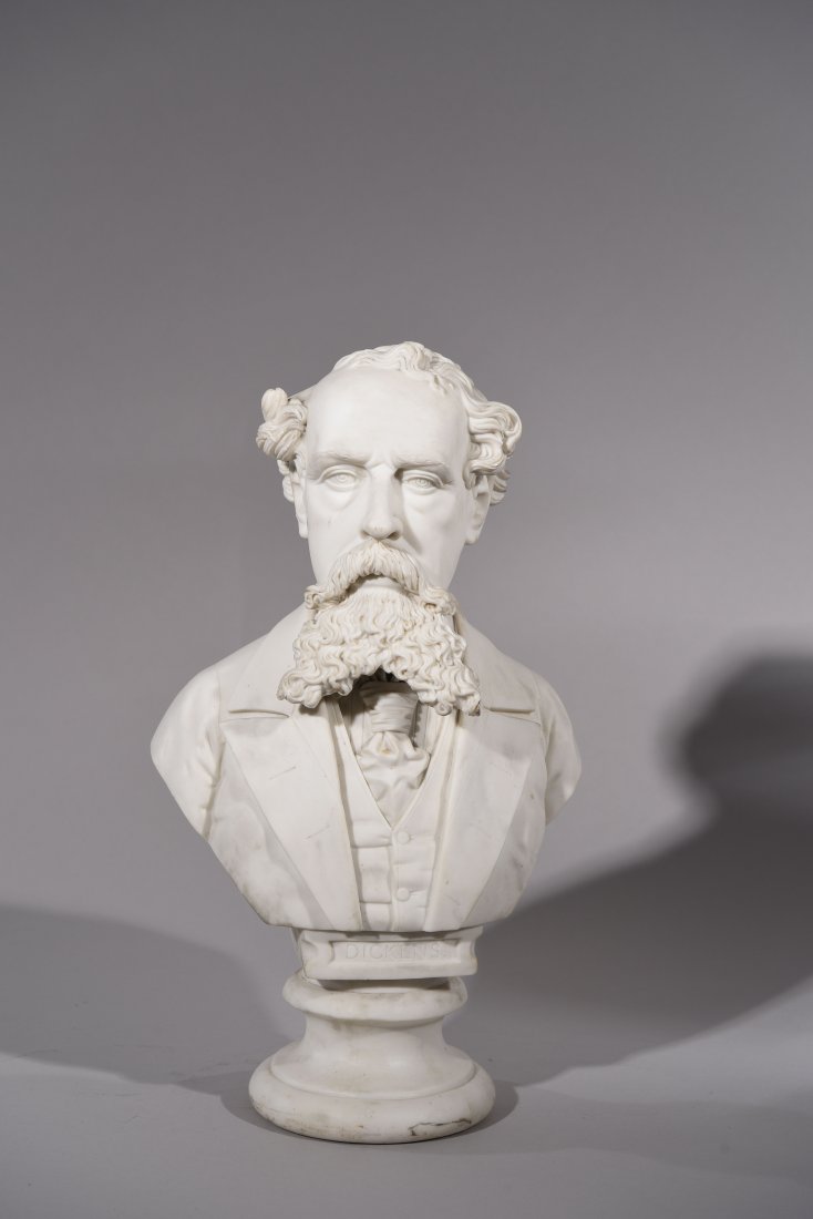 PARIAN PORCELAIN BUST OF CHARLES DICKENS: England, late 19th century, made by Staffordshire Dimensions: 15 .5" x H9.5" x D5.5 " Condition: Good, surface dirt.