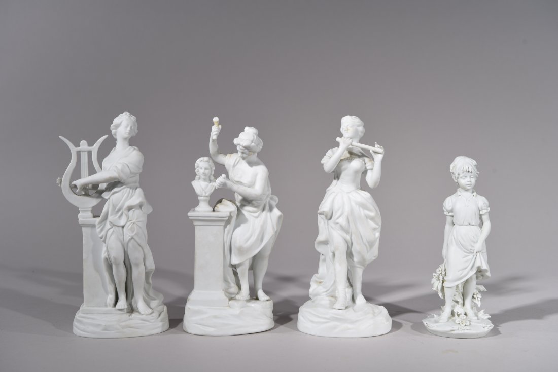 FOUR PARIAN FEMALE FIGURES: Depicting females playing musical instruments , one sculpting and one holding on to flowers.,20th CenturyNo markings, numbers on only three. Dimensions: H 8.5" x W 3.5" x D2 7/8",H 8.5" x W 3.5" x D2 