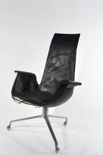 PREBEN FABRICIUS & JORGEN KASTHOLM F K BIRD CHAIR: C. 1960 FOR KILL INTERNATIONAL Dimensions: H 42" x W 29" x D 23" Condition: Heavy wear to upholstery. oxidized cushion. Otherwise good.