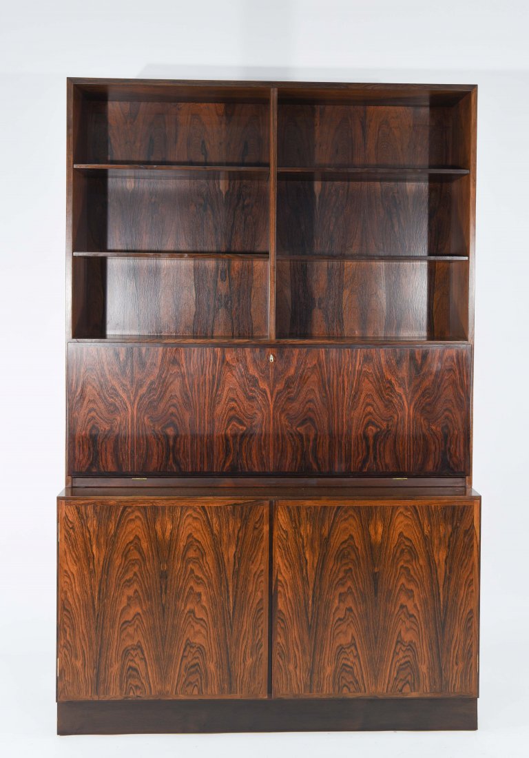 OMANN JUN ROSEWOOD SECRETARY BOOKCASE: Dimensions: H 47.25" x W 47.25" x D 11.5" (top), H 27" x W 47.25" x D 16.5" (bottom) Condition: Good.