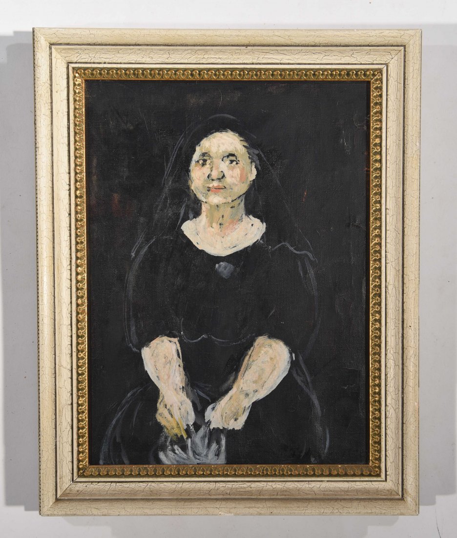 ALEX TSCHERNJAWSKI (AMERICAN/ YUGOSLAVIAN, B.1933): Senora de Sevilla", 1966. No signature seen. Oil on canvas. Provenance: Label for the Athena Gallery, New Haven, Connecticut. Dimensions: H 14.5" x W 11.5", sight H 11.5" x W 8.5.Condition: has some c