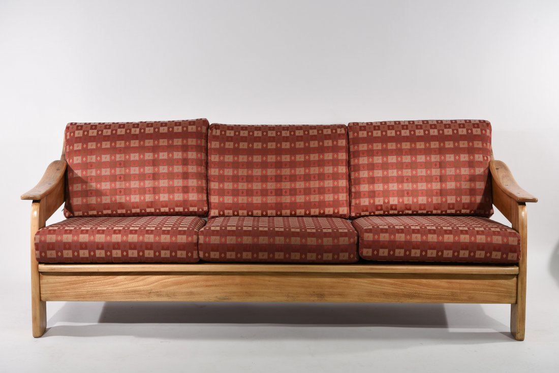 MID-CENTURY SOFA W/ BLEACHED SPINDLE FRAME: Dimensions: H 30" x W 75" x D 33" Condition: Good. Plush.