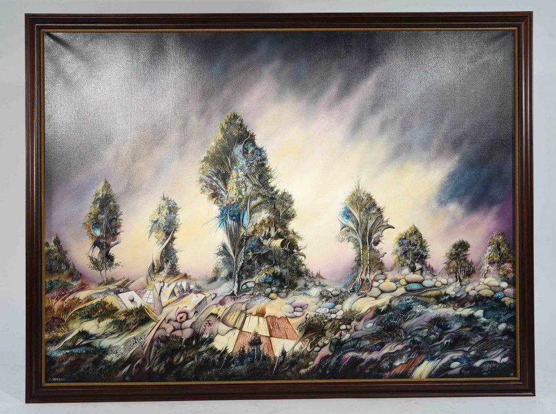 CLAUDE MOREAU (20TH CENTURY ): Untitled (surreal seascape ) ,1999 Oil on canvas,signed lower left and dated. Dimensions: H 42" x W 55", sight H 38" x W 50.5" Condition: Good.