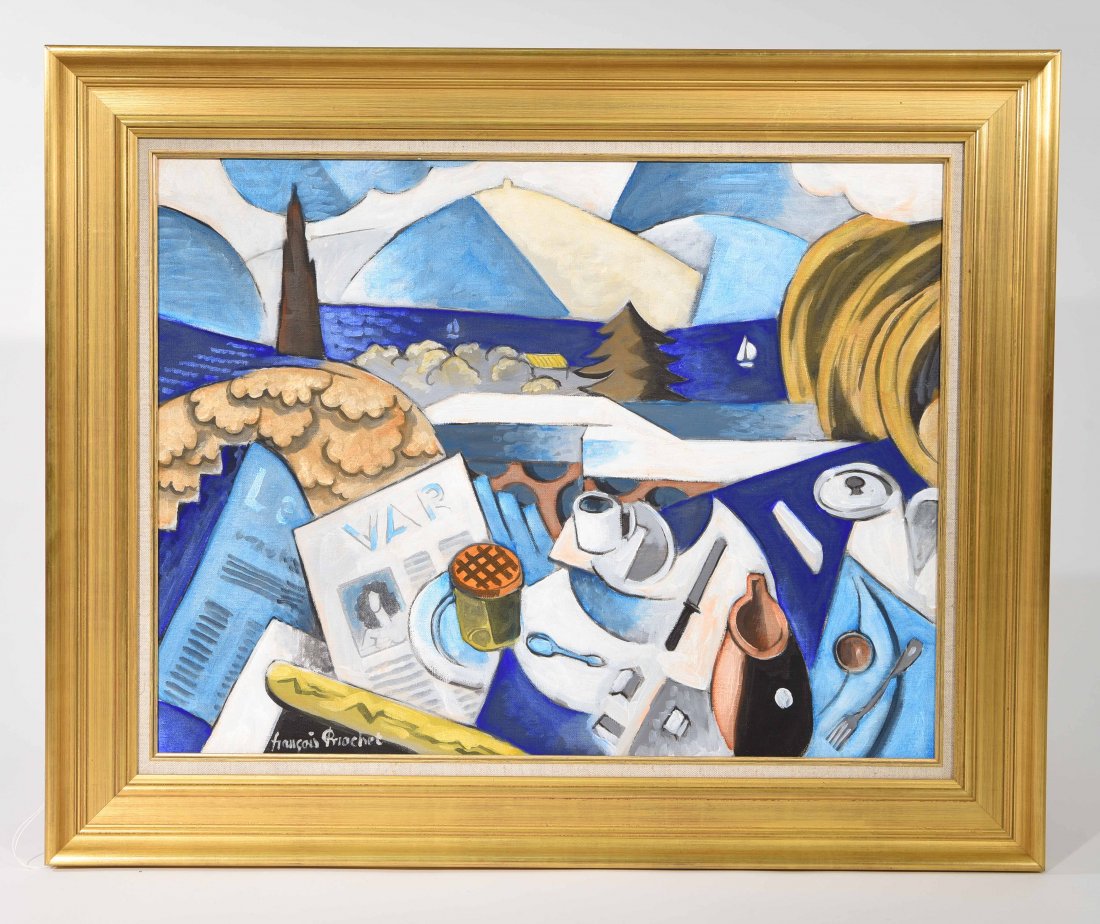 FRANCOIS BROCHET, (FRENCH 1925 - 2001): Untitled (Cubist still-life and seascape.) Oil on canvas, signed lower right, Dimensions: Framed H26"x W32",canvas H20" x W 25.5" Condition: Good.