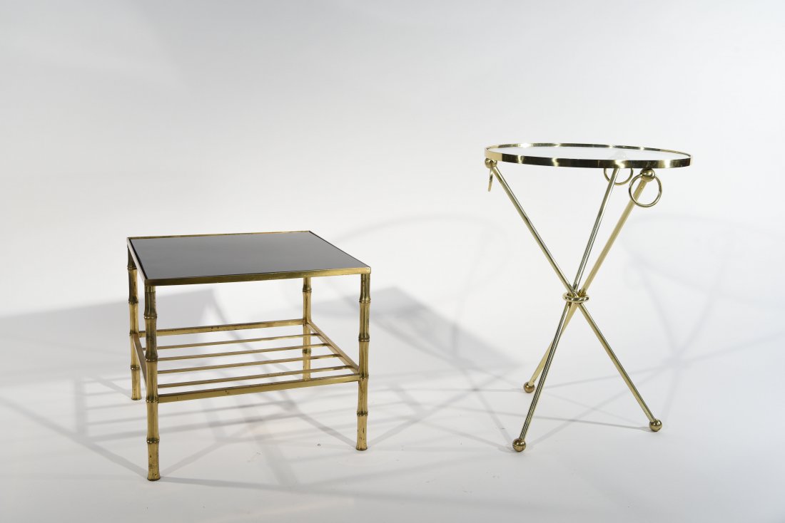 TWO METAL AND GLASS OCCASIONAL TABLES: Dimensions: H 24" x D 16.5" (large round), H 15" x W 16" x D 16.5" Condition: Signs of finish wear to both pieces. Glass missing.