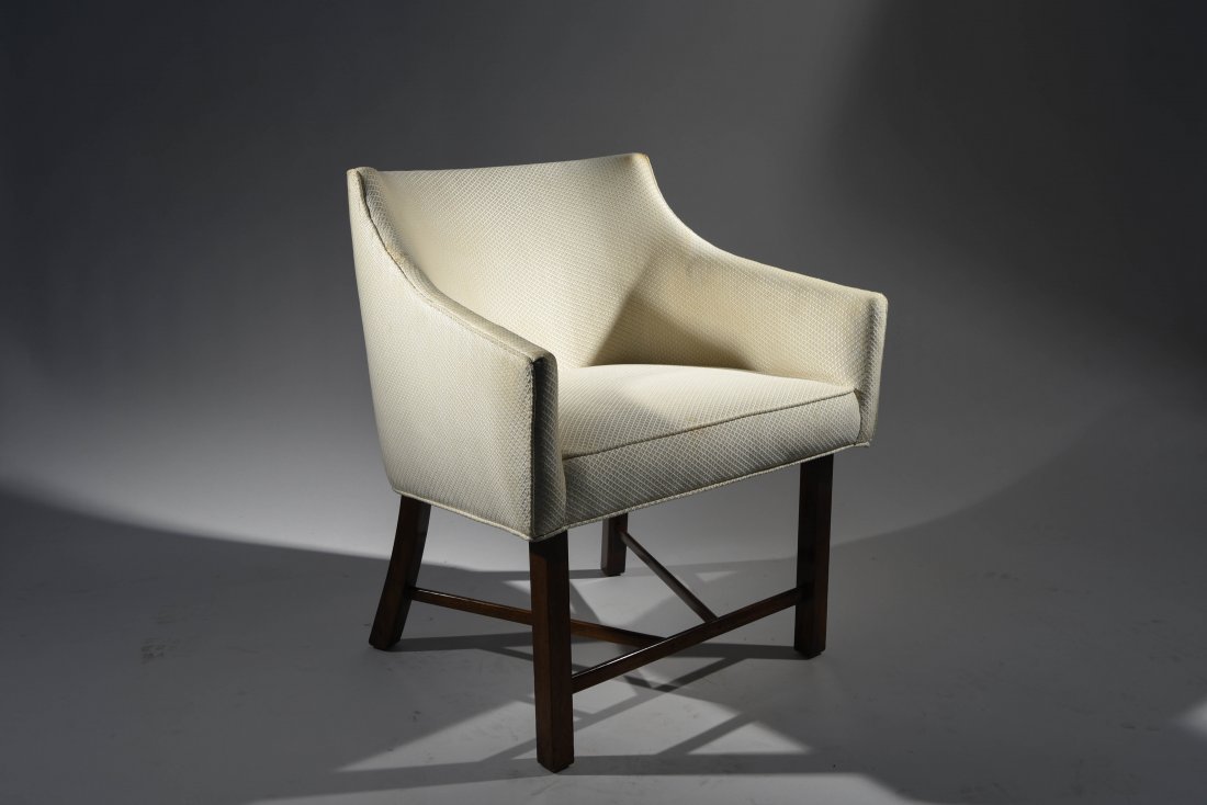 C. 1960S CLUB CHAIR W/ MAHOGANY BASE: Dimensions: H 30" x W 25" x D 23" Condition: Plush. Some wear and stains to edges of upholstery.
