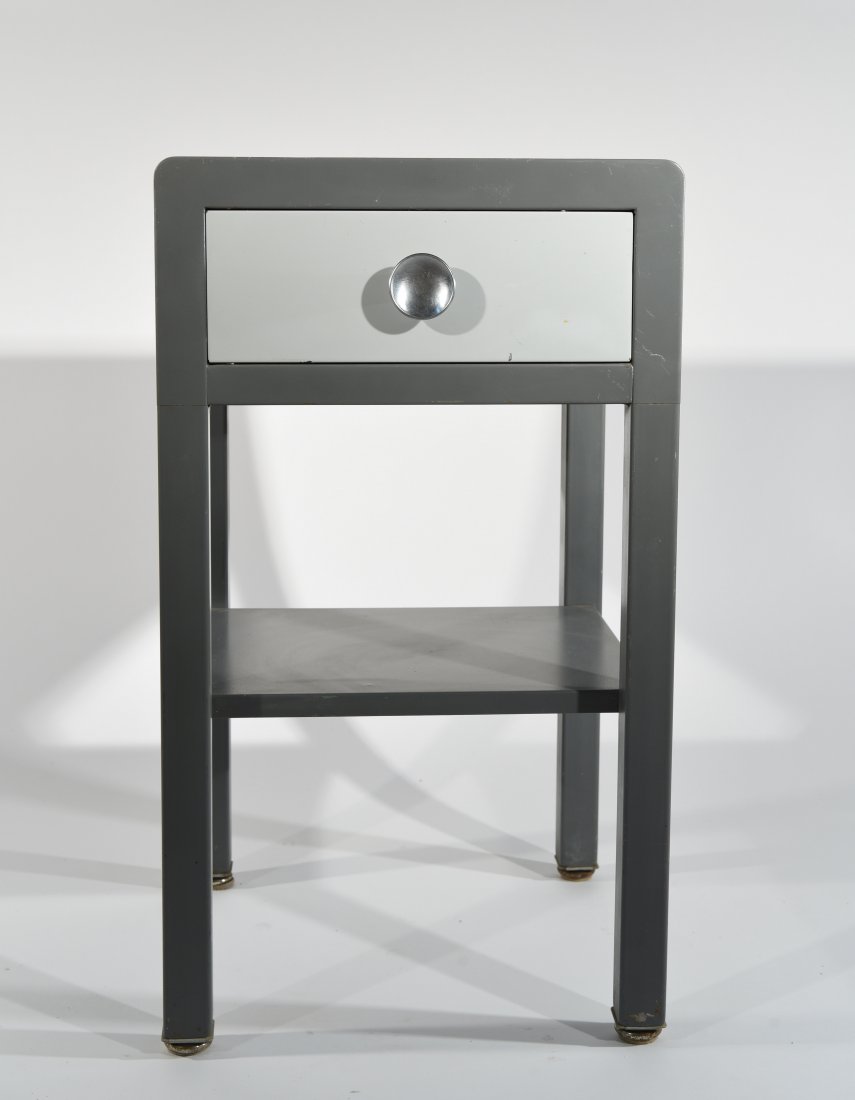 NORMAN BEL GEDDES NIGHTSTAND: Dimensions: H 28.5" x W 16" x D 16"Condition: Wear to paint.