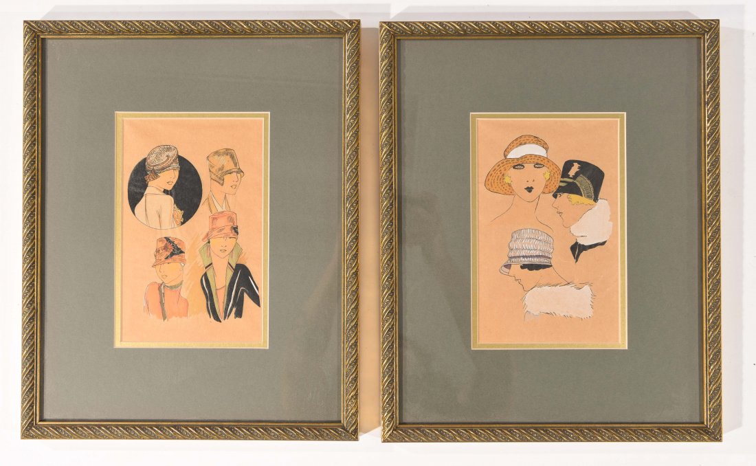 PAIR OF WOMANS FASHION HAT ILLUSTRATIONS. C.1920'S. (1 of 6)