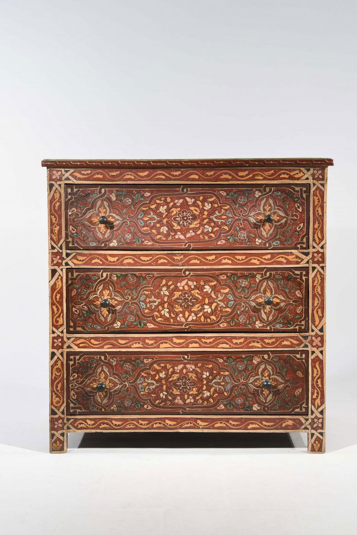 THREE DRAWER PAINT DECORATED MOROCCAN STYLE CHEST (1 of 1)