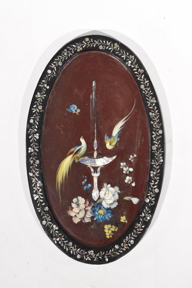 VICTORIAN INLAID PAPIER-MACHE PLAQUE: Victorian papier-mache mother-of-pearl-inlaid plaque. Depicting birds, fountain and flowers. ca. 1850 Dimensions: H .75" x W 12" x D7.5" Condition: good