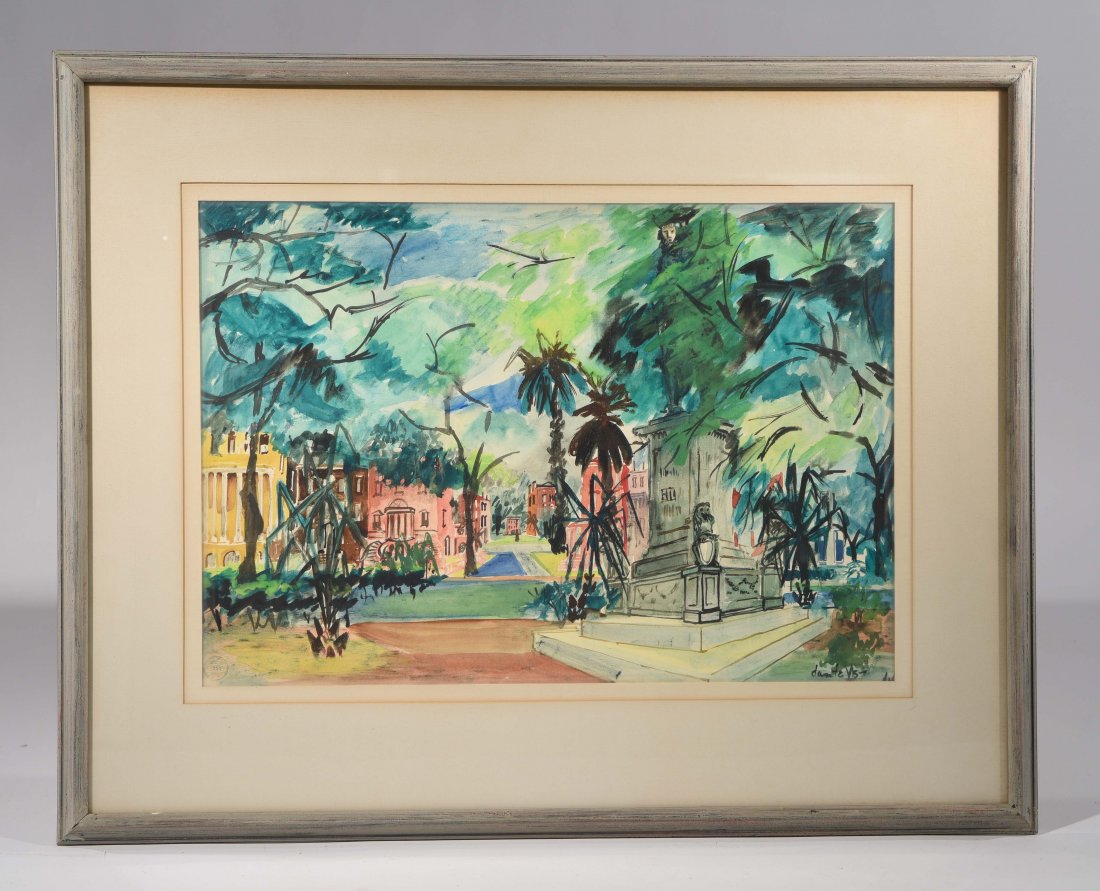 DANTE (20TH CENTURY ARTIST): View of a Tropical Square, 1957. Watercolor on paper, signed and dated lower right. . Dimensions:H 24" x W 30", sight H 15.5" x W 22" Condition: good, mat stains to the paper.