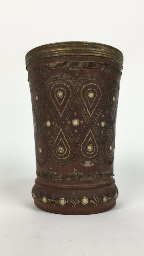 MIDDLE EASTERN INLAID WOOD CUP: Dimensions: H 4.75" x 3.5" (Diameter) Condition: Metal rim loose.