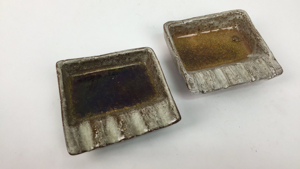 WEYLAND GREGORY STYLE FUSED GLASS CERAMICS: Signed "Kiln Craft 107" to bottom of each. Dimensions: H 1.5" x W 4.75" x D 4.25"