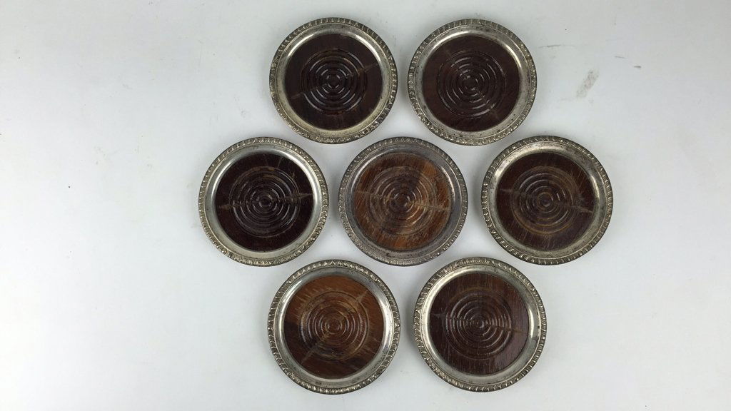 STERLING & WOOD COASTER SET: Dimensions: H 0.5" x 3.75" (Diameter)