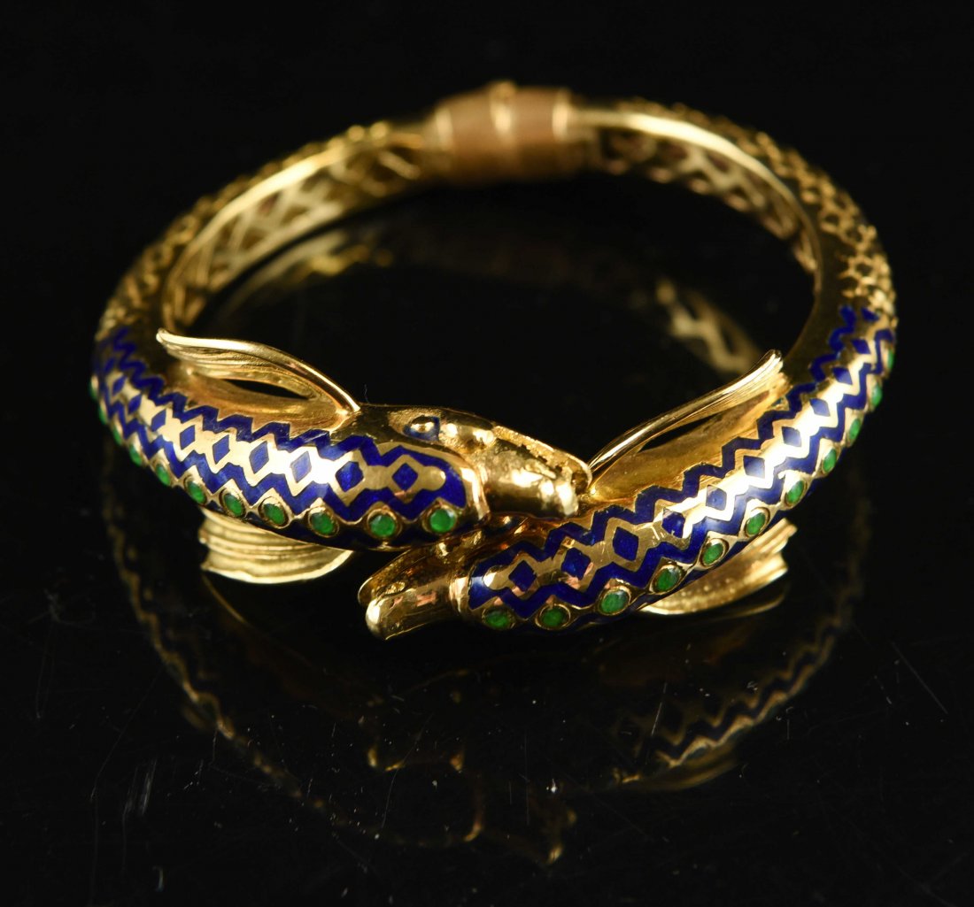 18K GOLD, ENAMEL & EMERALD DOLPHIN BANGLE (1 of 3)