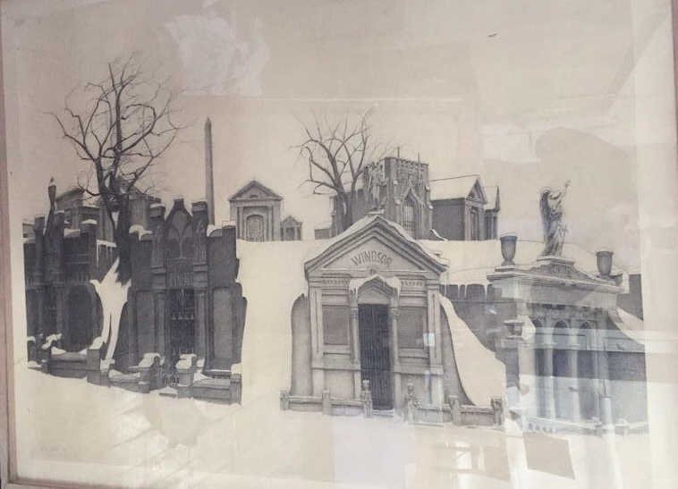 ARCHITECTURAL CHARCOAL DRAWING: Dimensions: (frame) H 54.5" x W 43"
