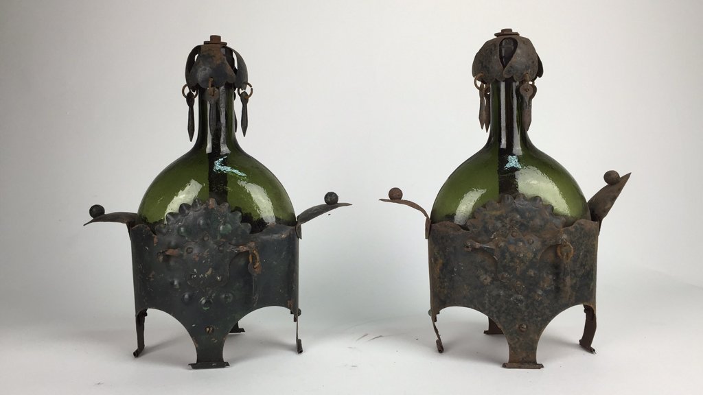 ANTIQUE IRON AND GLASS BOTTLE LAMP BASES (1 of 7)