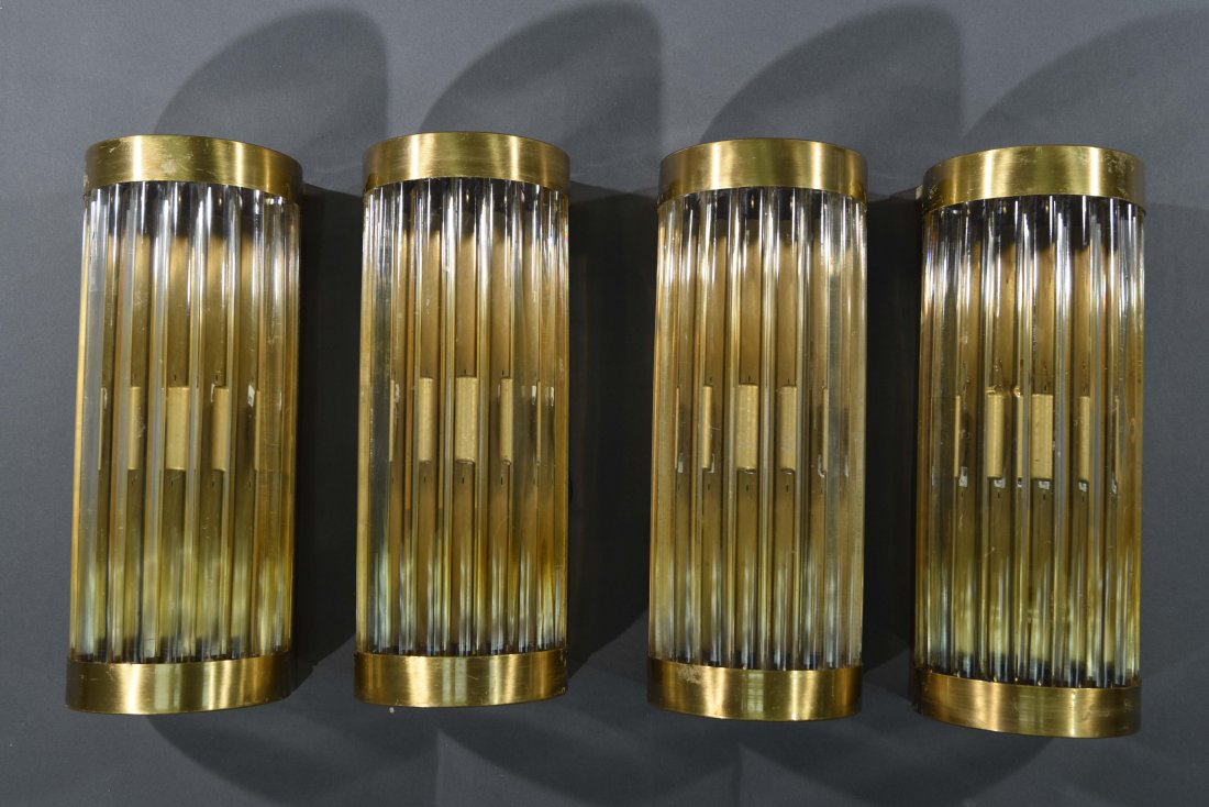 LUMINAIRE BRASS AND LUCITE ROD SCONCES: Dimensions: H 13.5" x W 5.5" x D 4.75" Condition: Some scratches and loss to brass finish here and there. A few scuffs and flea bites to glass.