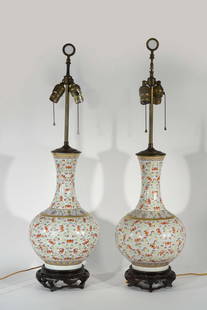 CHINESE FAMILLE ROSE 'HUNDRED BATS' VASE LAMPS: Dimensions: H 33" x D 10" Condition: Couple light scratches and scuffs.