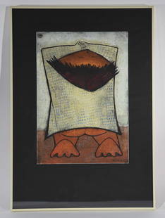 ANGEL BOTELLO (SPANISH / PUERTO RICAN 1913 -1986): Untitled (figure looking up.) Color screenprint on paper, edition 46/ 100, and signed lower right BOTELLO Dimensions: H 27" x W 19", sight H 17.5" x W 12"