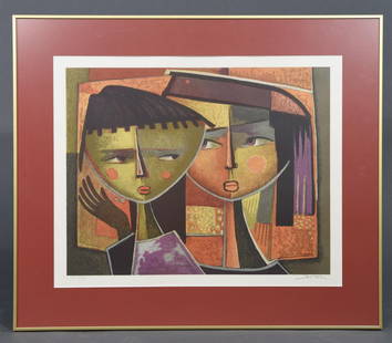 ANGEL BOTELLO (SPANISH / PUERTO RICAN 1913 -1986): Untitled ( two heads.) Color lithographs, edition 106/150, signed lower right BOTELLO Dimensions: H 26.75" x W 31.75", sight H 19.25" x W 24" Condition: has some foxing lower left side.