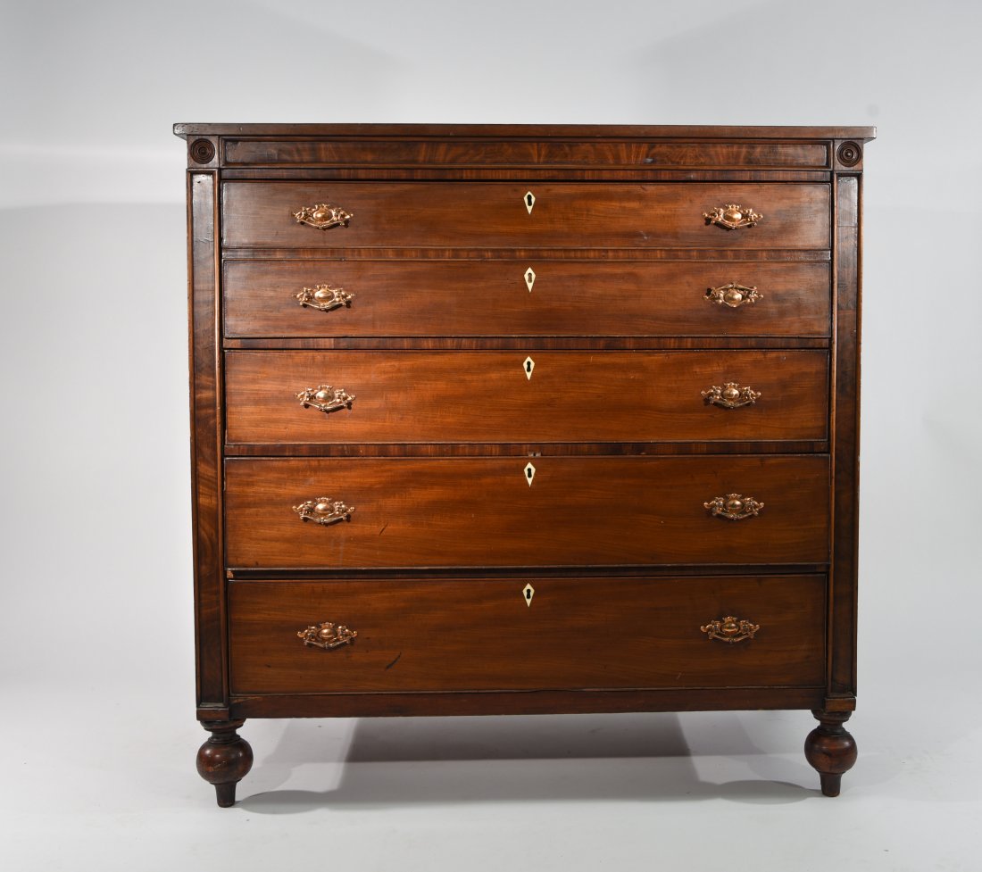 18TH C. ENGLISH BUTLERS CHEST: Dimensions: H 48.5" x W 48.5" x D 22" Condition: Surface scratches. Key accents missing on drawers.Nicks and dings to edges.