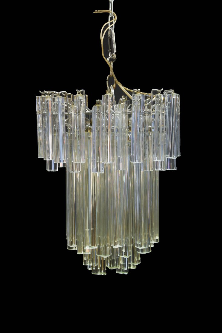 VENINI OR CAMER TIERED CHANDELIER: Matte chromed steel. Crystal. Unsigned. Dimensions: H 23" x Diameter 16" Condition: good, a few small chips