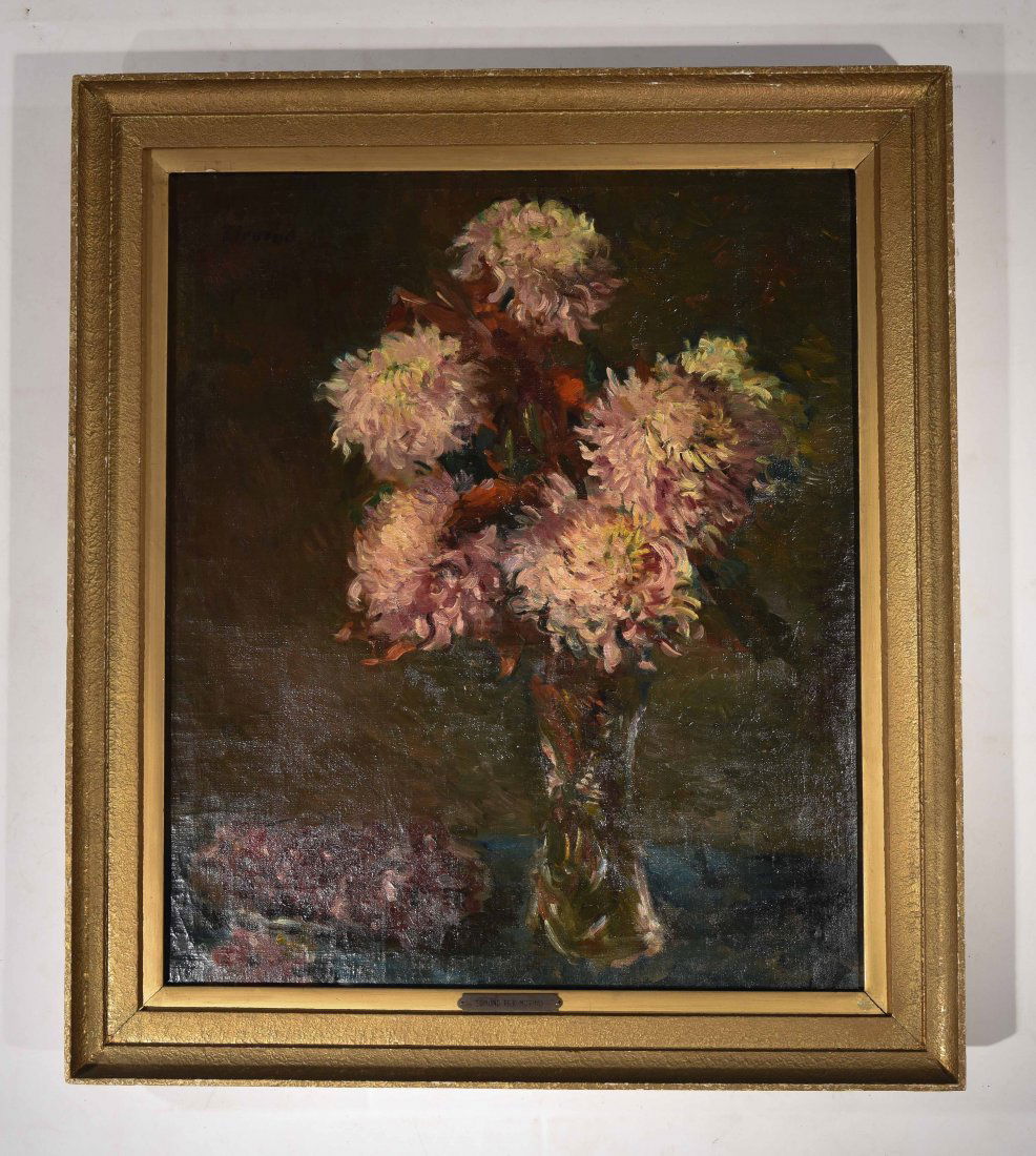 EDMUND PICK MORINO (AUSTRIA 1877-1958): Untitled (floral still life in a vase.) Oil on canvas, signed upper left side., framed with a small plaque center bottom . Dimensions: H 31.5" x W 27.5", H 26" x W 22"