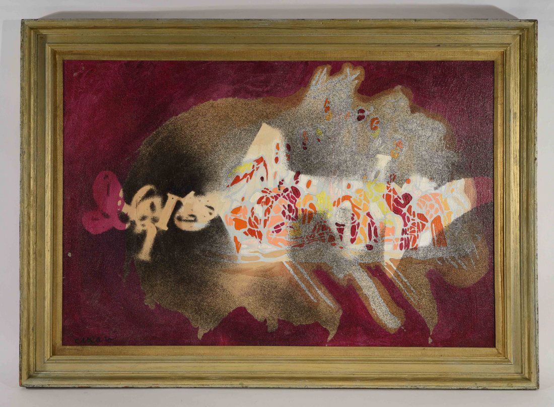 PASCAL CUCARO (AMERICAN 1915-2004): Untitled (abstract surreal space.) Oil on canvas, signed lower left and stamped on the verso and number 11181 Dimensions: Framed H 29.5" x W 42", sight H 23" x W 35"