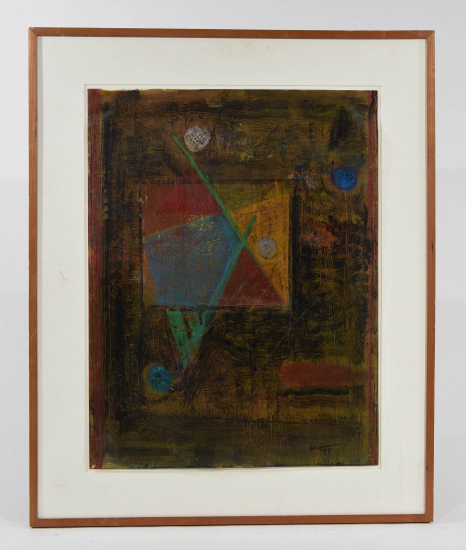 FELIX BRONNER (20/21ST CENTURY ARTIST): " LOST ABSTRACTION",1998 Oil on paper, signed and dated lower right and on the verso. Dimensions: Framed H31" x W25", paper H23.5" x W 18" Condition: some scratches to the paper and missing glass to t