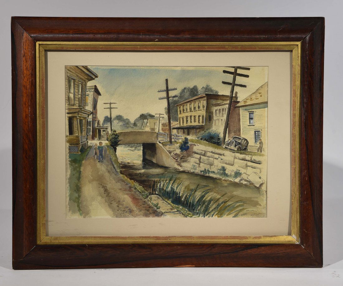 STUYVESANT VAN VEEN (AMERICAN 1910 - 1988): "The Erie Canal At Canastota",1941 Watercolor on heavy cream wove paper, signed,dated and titled lower right side and two artist estate stamp on the verso. Dimensions: Framed H 23" x 28.5", sight H x