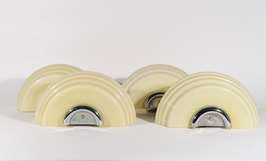 GLASS AND CHROME SCONCES: Dimensions: H 7" x W 13" x D 6" Condition: Light scuffs. Flea bite to white lining of one.